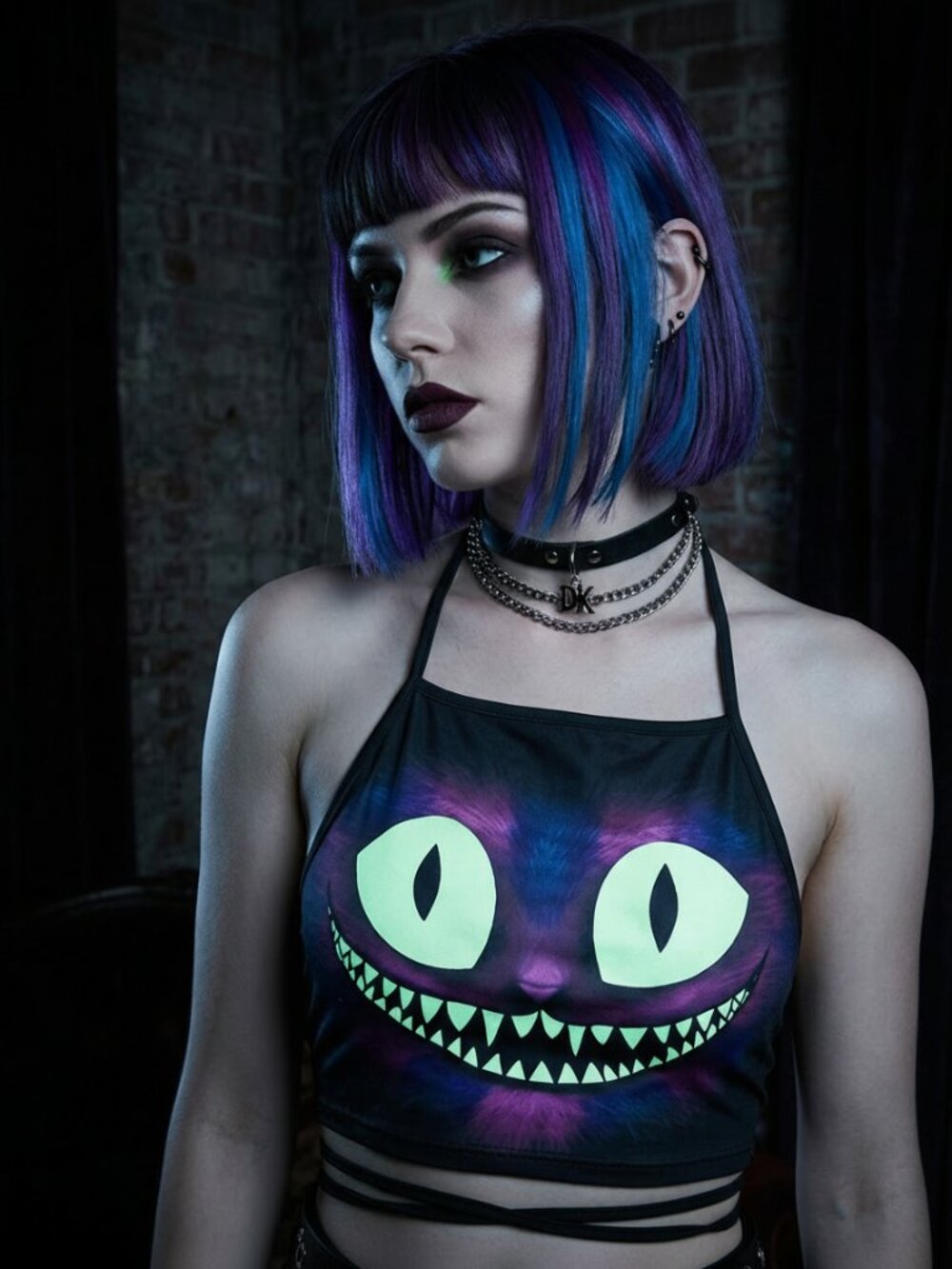 CLUB EXX Cheshire Cat glow in the dark festival rave halter crop top